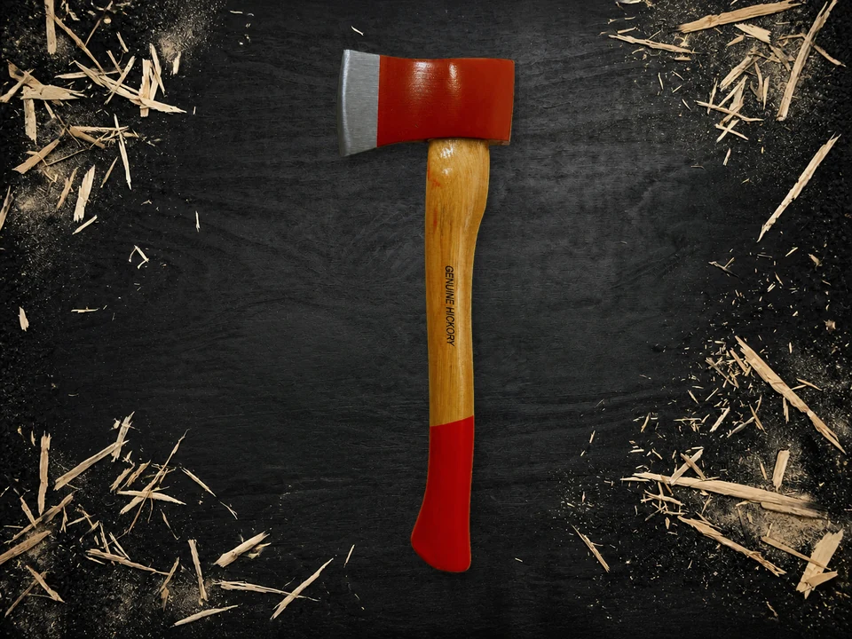 Uncovered red-headed hickory hatchet on the ATC black board plate