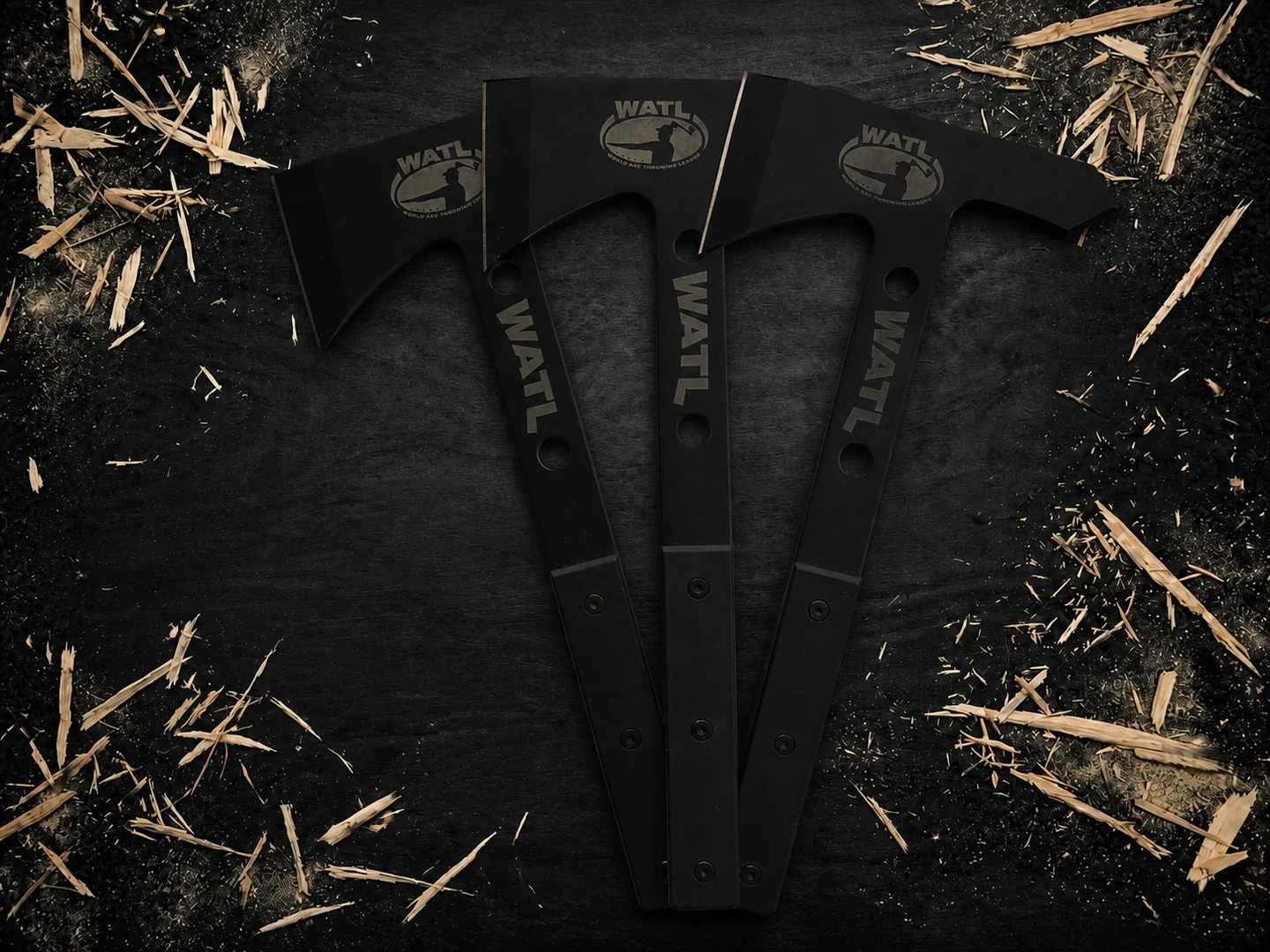 Three complete WATL Competition Hawks in an upright fanned arrangement on the black back plate