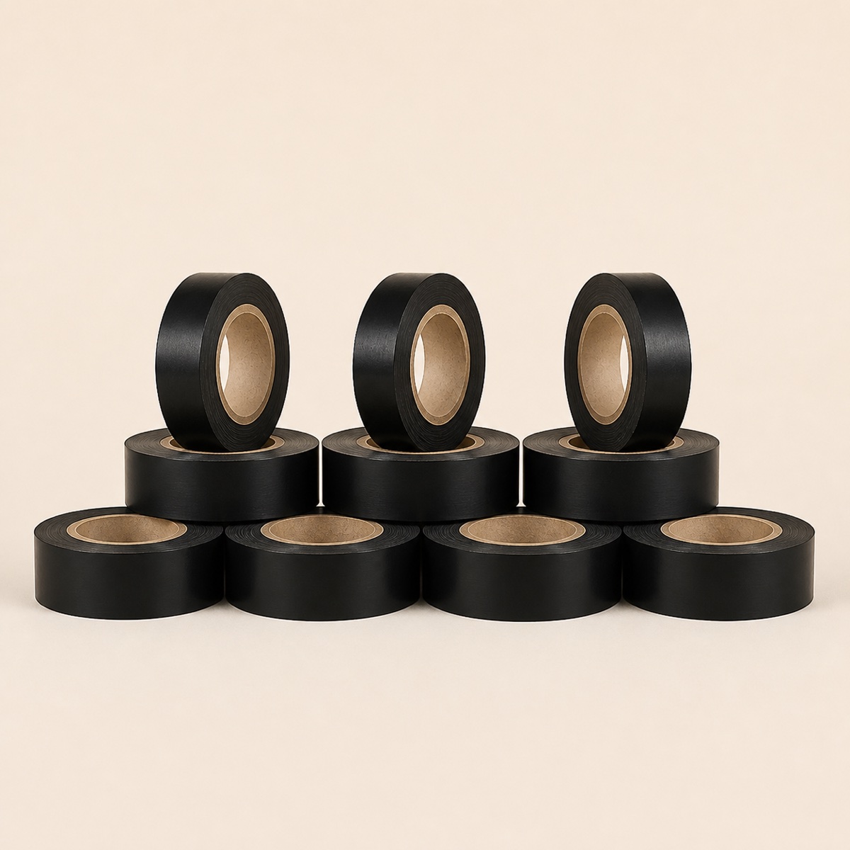Pack of ten uniform-width black tape rolls on ivory
