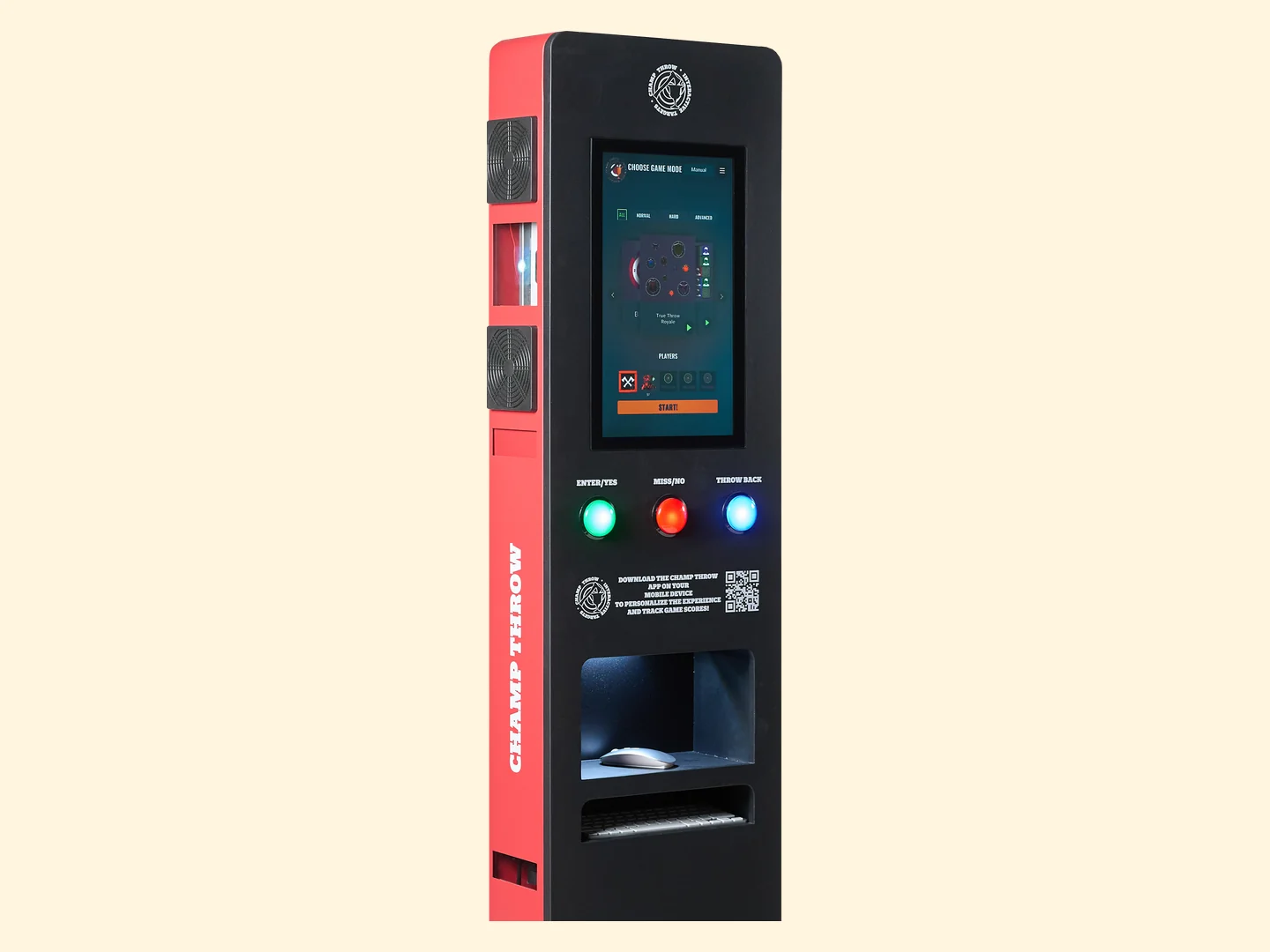 Full freestanding Champ Throw Interactive touchscreen scoring unit on ivory