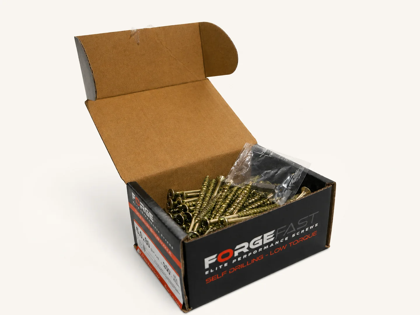 Open box of ForgeFast Elite 6.0 by 180 millimetre woodscrews on ivory