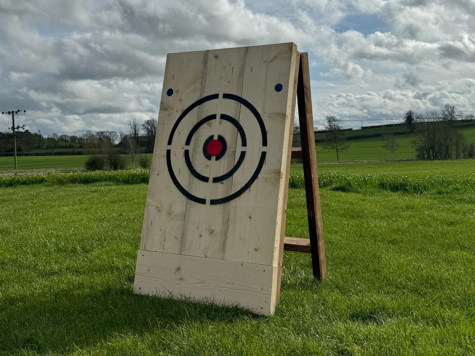 Portable folding target set up on grass outdoors