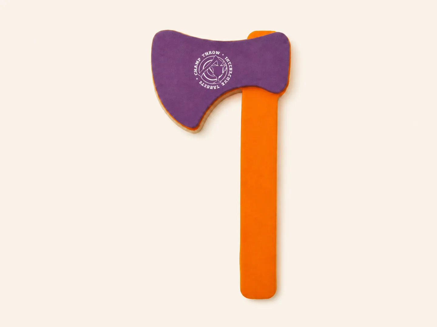 Branded purple and orange Champ Throw soft Velcro toy axe on ivory