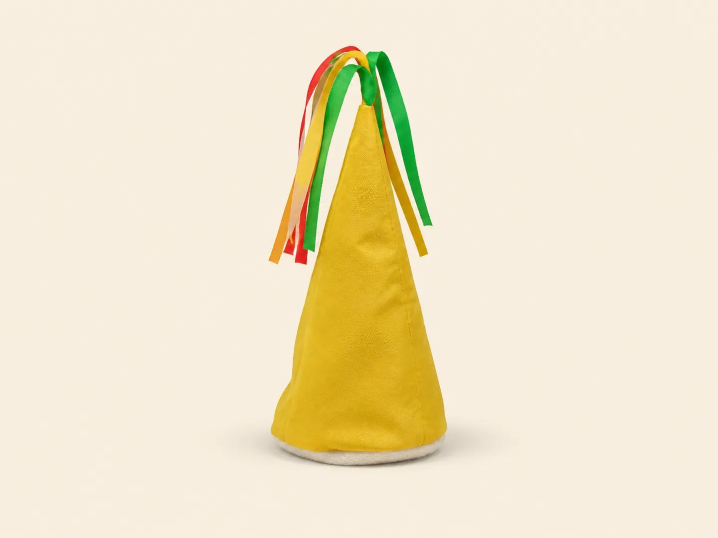 Yellow soft Velcro cone with coloured streamers on ivory