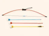Champ Throw Velcro Archery Kit with one red bow and three arrows on ivory
